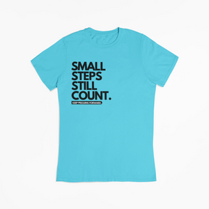 "SMALL STEPS STILL COUNT" TEE (PACIFIC BLUE/BLACK)